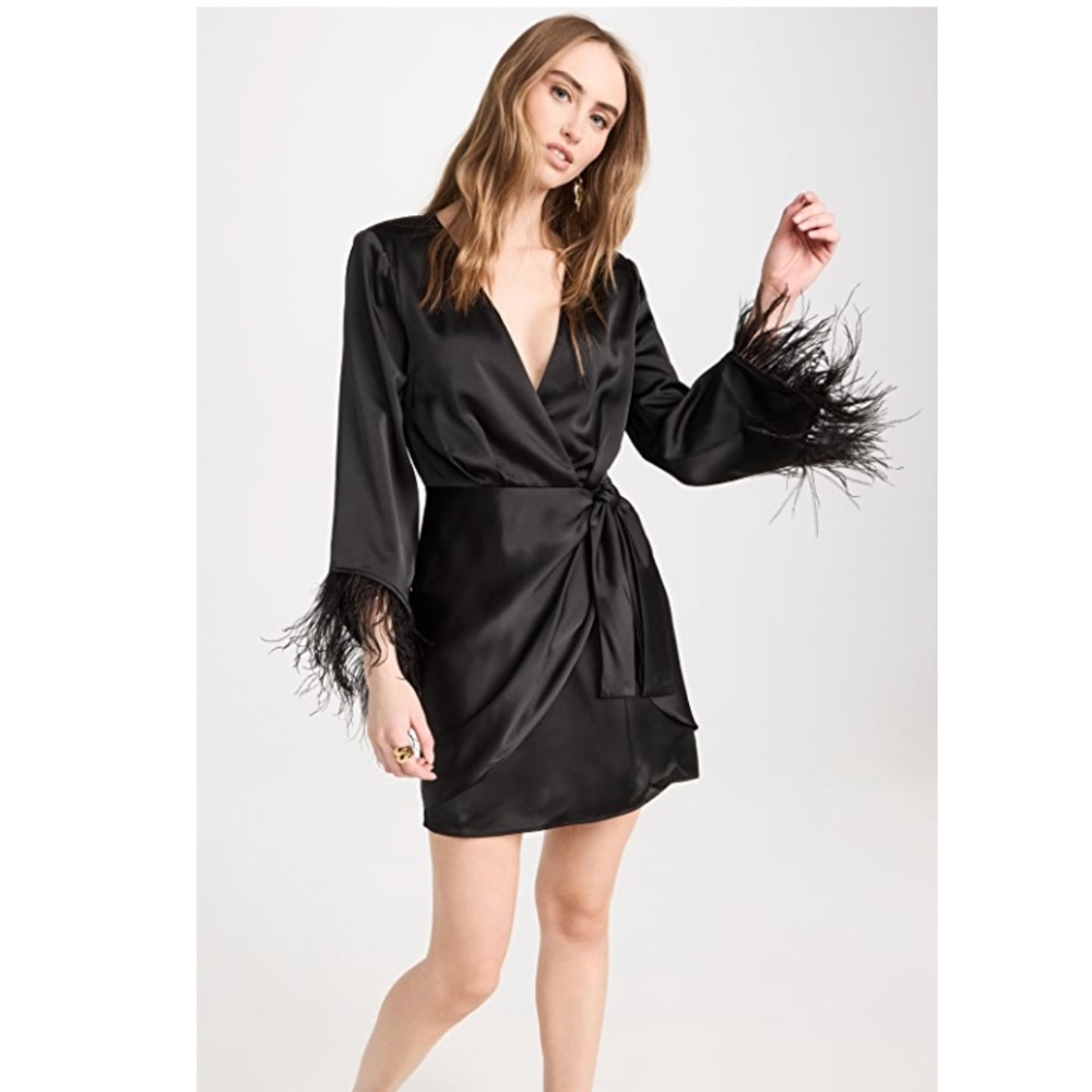 WAYF--**Feather Trim Wrap Mini Dress**
